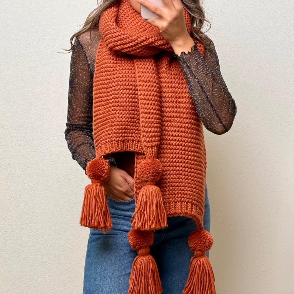 Alba Huge Knitted Pom Tassel Scarf - Rust